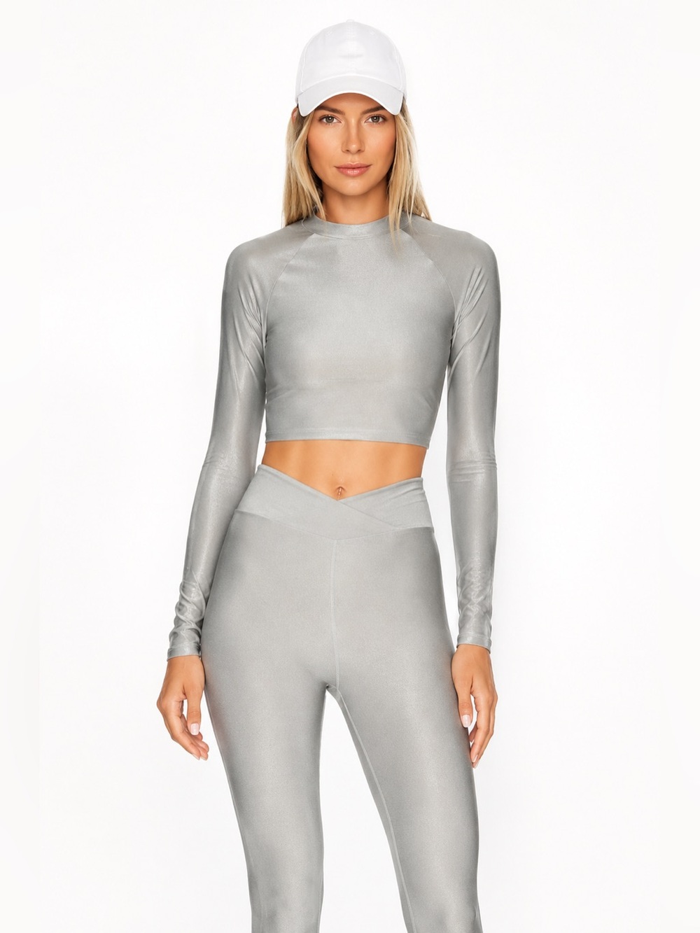 Twenty Montréal Metallic Silver Mock Neck Crop Top Long Sleeve NWT Large